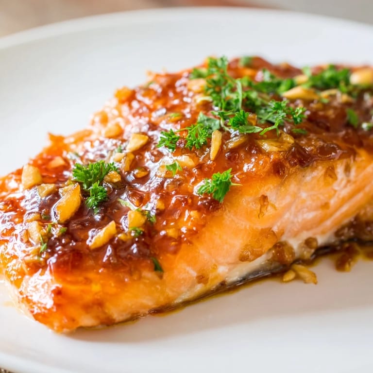 Juicy Honey Garlic Glazed Salmon on a baking tray, brushed with savory butter and garlic sauce.