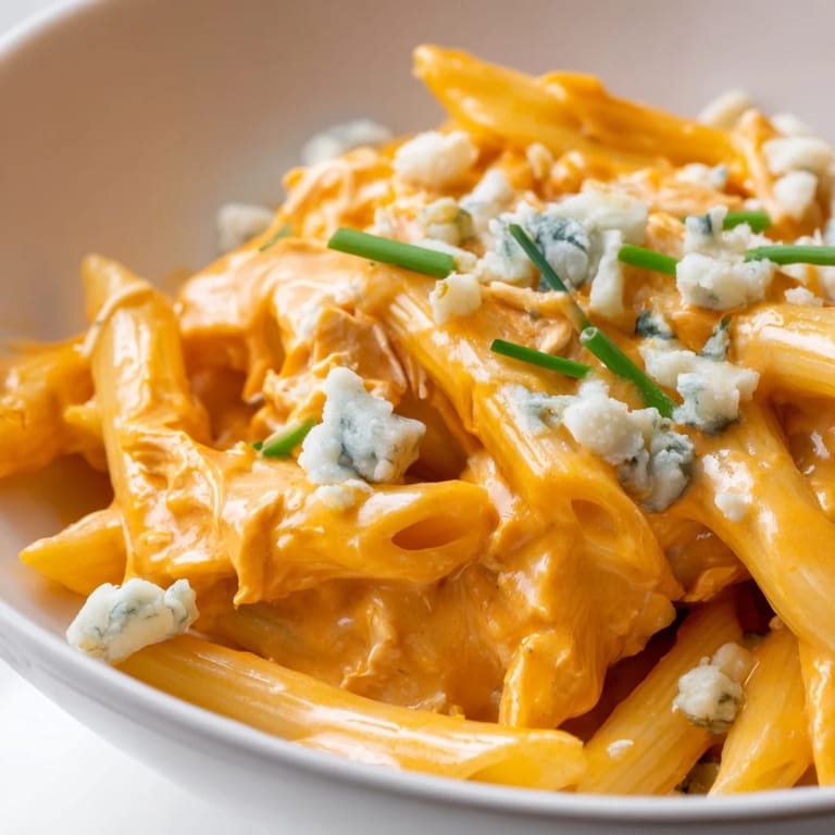 A hearty serving of Buffalo Chicken Pasta topped with chives, perfect for an easy weeknight dinner.