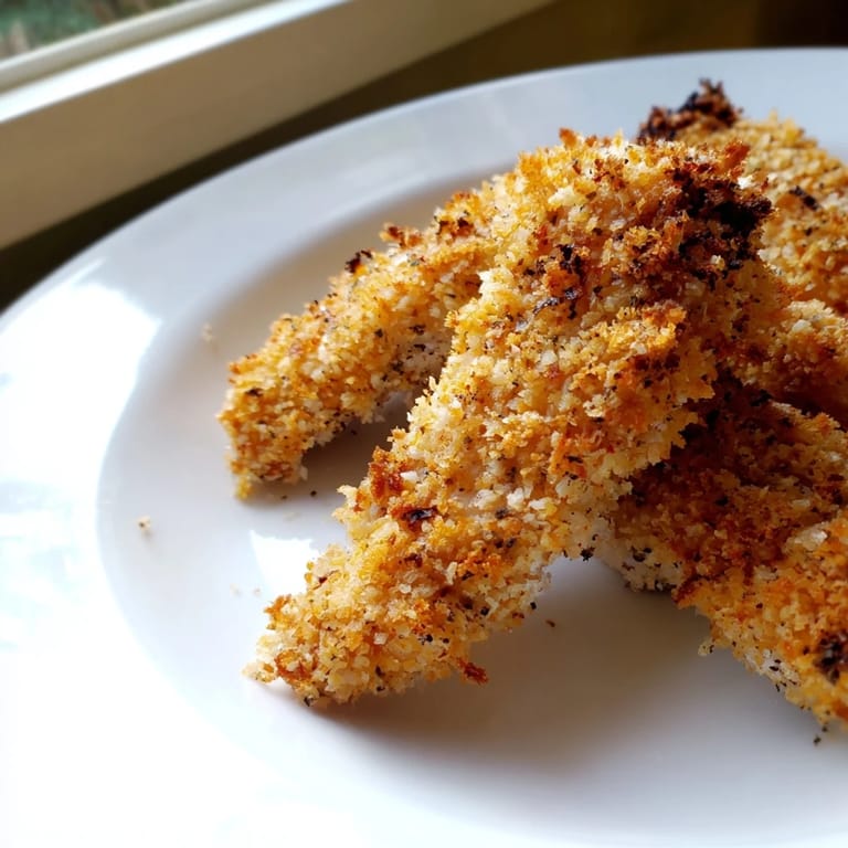 Freshly baked Crispy Panko Chicken Strips arranged on a white plate with parsley, paired with creamy dipping sauces for family dinners.