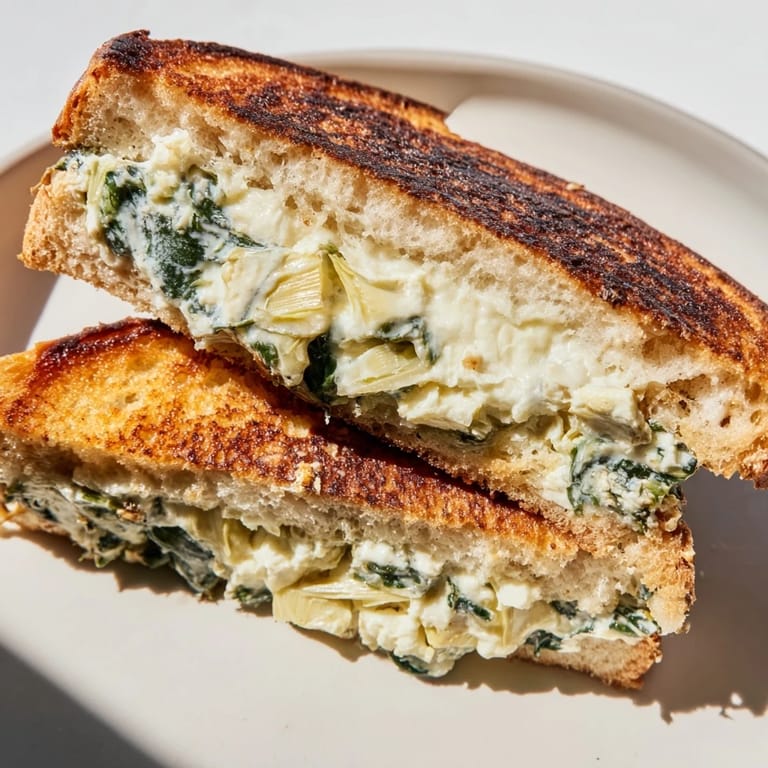 A close-up of a spinach artichoke grilled cheese, oozing with cheesy goodness on a rustic cutting board.  