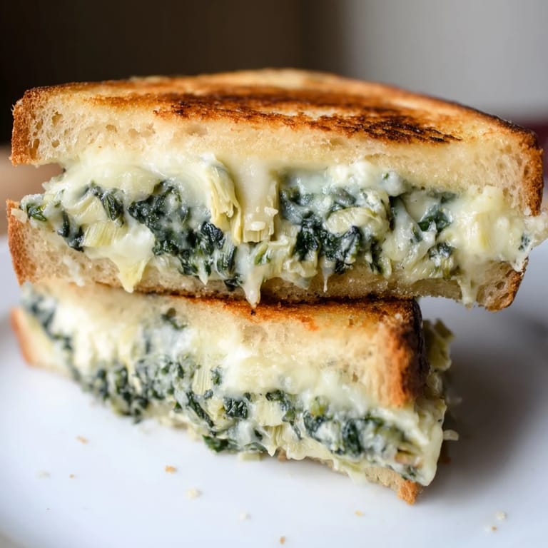 Crispy buttered sourdough encases a warm spinach artichoke grilled cheese, ready to be dipped in tomato soup.