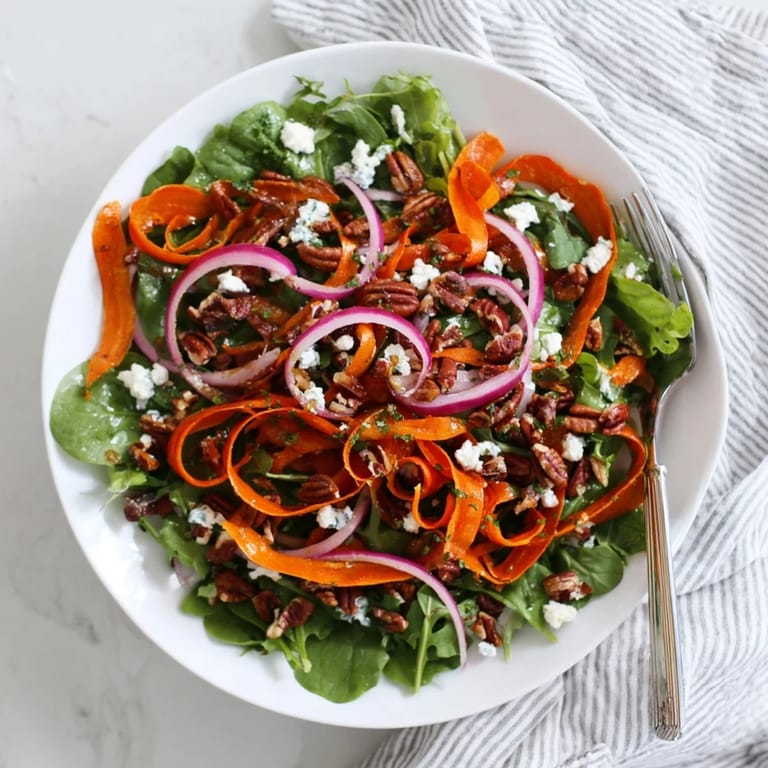 A close-up of Roasted Carrot Ribbon Salad featuring glistening carrot ribbons, fresh herbs, and a tangy vinaigrette.