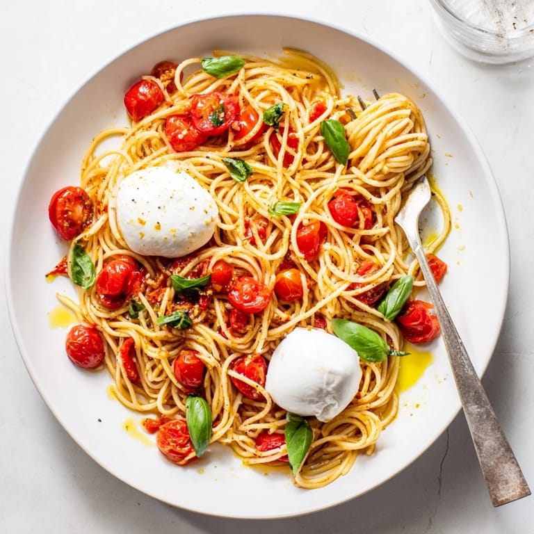 Plate of Burrata Caprese Pasta garnished with basil and a drizzle of extra virgin olive oil.  