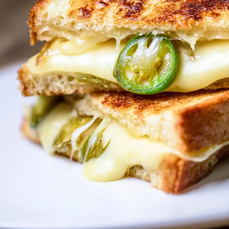 Sizzling Jalapeño Havarti Grilled Cheese in a skillet features crispy sourdough and vibrant green jalapeño slices.