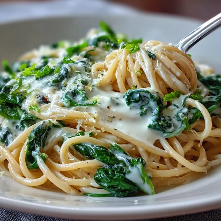 Steaming Creamy Lemon Spinach Spaghetti served in a white bowl, garnished with extra Parmesan and lemon zest.