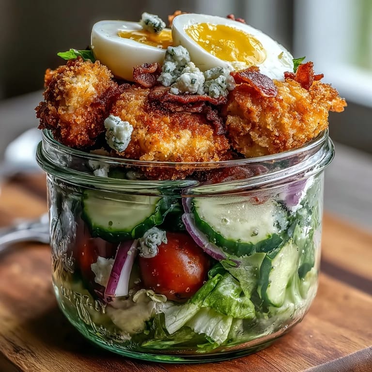 A vibrant, ready-to-eat Crispy Chicken Cobb Jar Salad with fresh, satisfying ingredients.