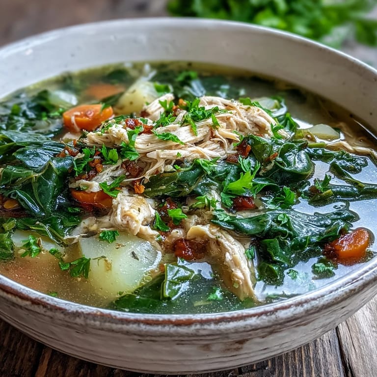 Steaming bowl of Collard Greens, Chicken and Vegetable Soup with carrots, celery, and collard greens, perfect for cozy dinners.
