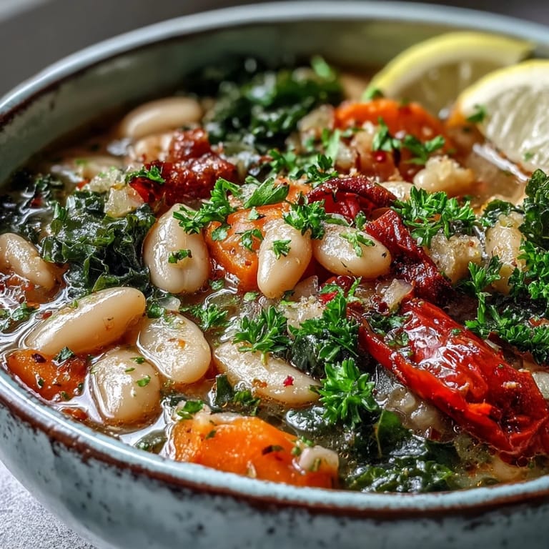 Garnished Mediterranean White Bean Stew served with fresh parsley and lemon wedges, perfect with crusty bread for dipping.