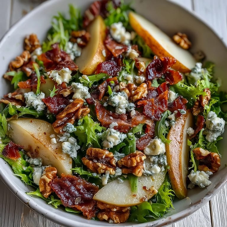 Hearty Frisée, Pear, Blue Cheese, and Crispy Prosciutto Salad served as a light lunch beside a glass of chilled white wine.