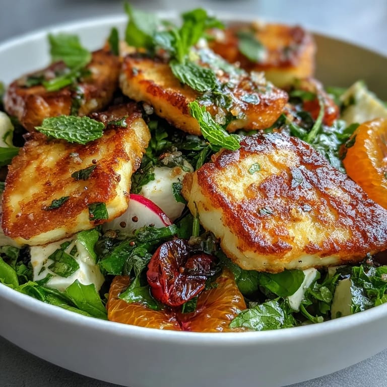 Close-up of Halloumi Blood Orange Fattoush featuring juicy orange rounds and fresh mint garnish.