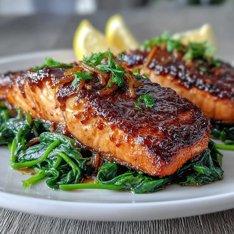 Miso Salmon on Sautéed Spinach glazed and baked, resting over wilted greens with fresh ginger.