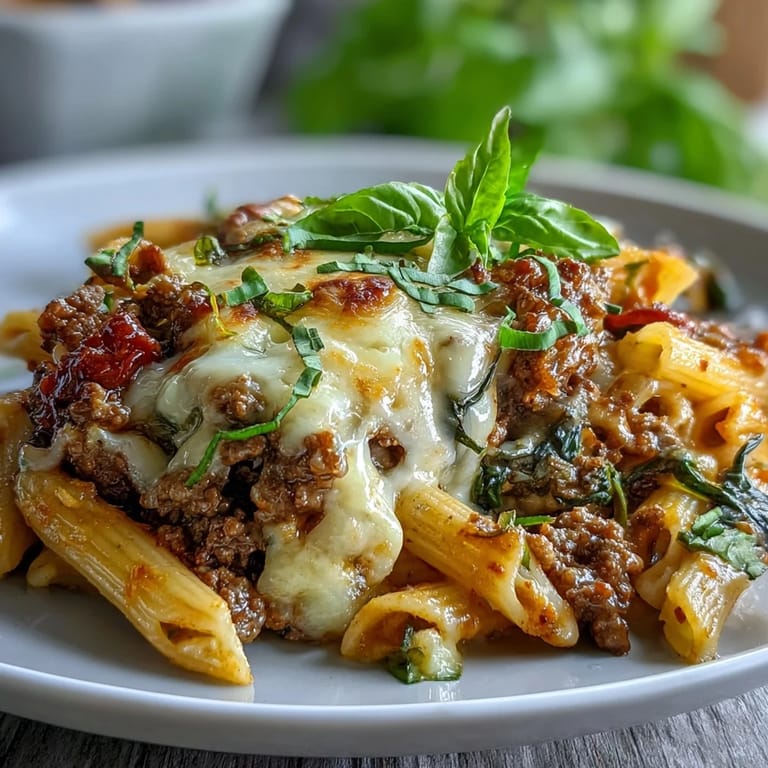 A close-up of the High Protein Italian Beef and Pasta Bake highlights the savory turkey pepperoni, fresh basil garnish, and steam rising from the savory tomato sauce.
