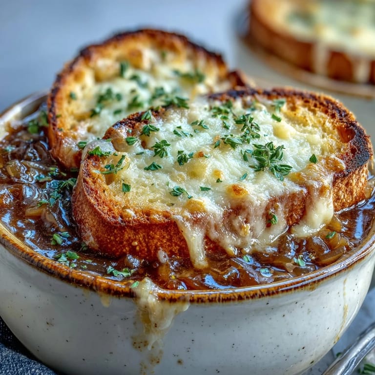 Gooey melted Gruyère cheese topping golden French Onion Soup with caramelized onions and thyme.