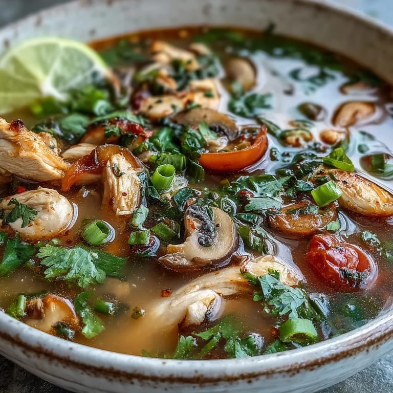 Overhead view of homemade Tom Yum Chicken soup with its signature spicy and sour broth. The bright red tomatoes, soft mushrooms, and aromatic herbs make this Thai dish look incredibly inviting.