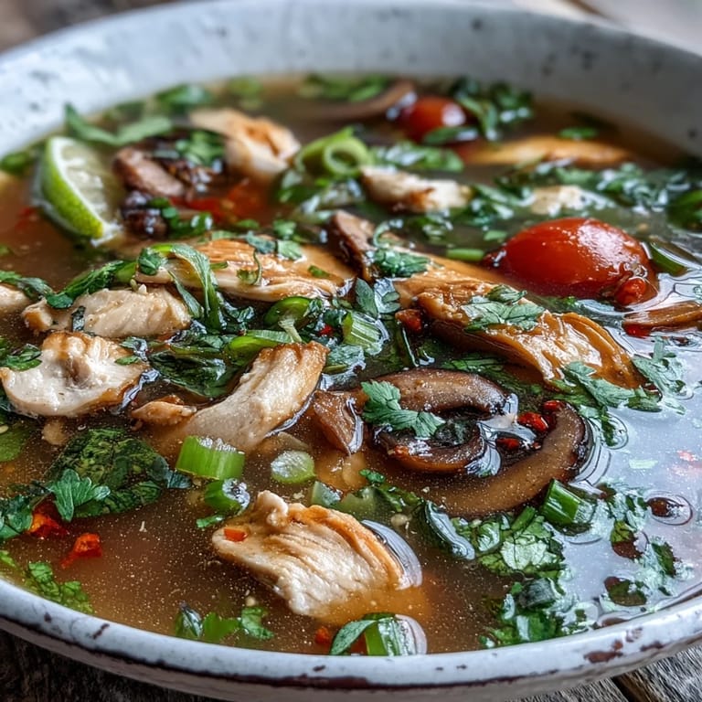 Ladle pouring savory Tom Yum Chicken broth over chicken, mushrooms, and tomatoes in a white bowl. Fresh herbs and crushed bird's eye chilies add vibrant color and a hint of spice to this Thai classic.