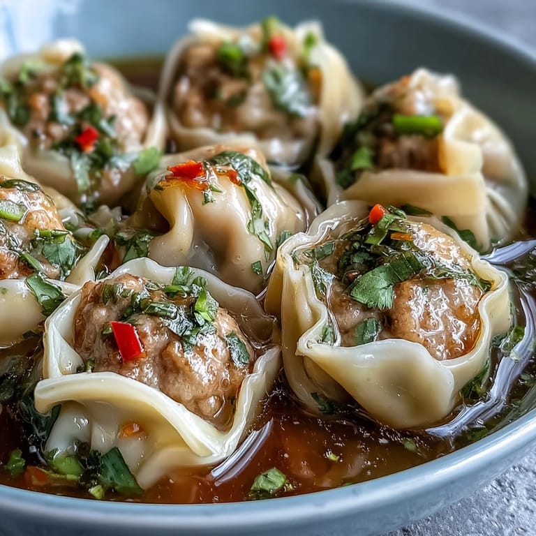 Homemade Tom Yum Wonton Soup served with shrimp and mushrooms, offering a tangy Thai-Chinese fusion flavor experience.