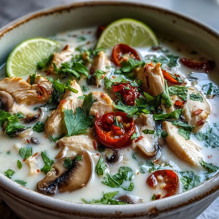 Close-up of Best Ever Tom Kha Gai Soup revealing rich coconut broth, chicken slices, and vibrant red chili garnish.
