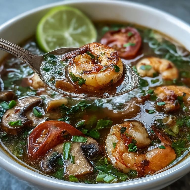 A steaming bowl of Tom Yum Soup featuring plump pink shrimp, mushrooms, and fresh herbs in a clear broth.