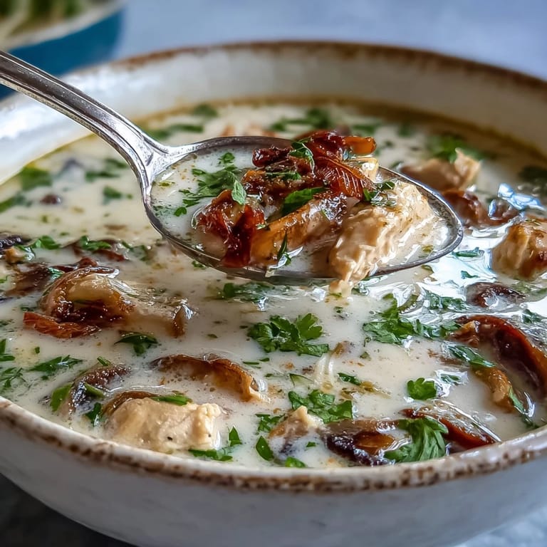 A spoon dipping into creamy Authentic Tom Kha Gai, revealing fragrant coconut milk, tender chicken, and sliced mushrooms.