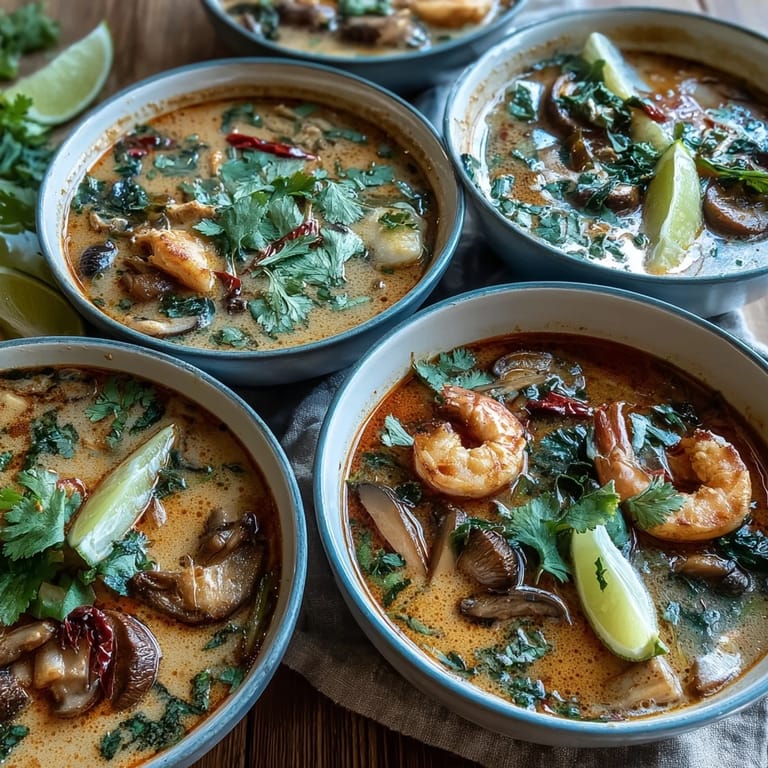 Hot Tom Kha Soup in a white bowl, featuring tender chicken slices, button mushrooms, and aromatic Thai herbs.
