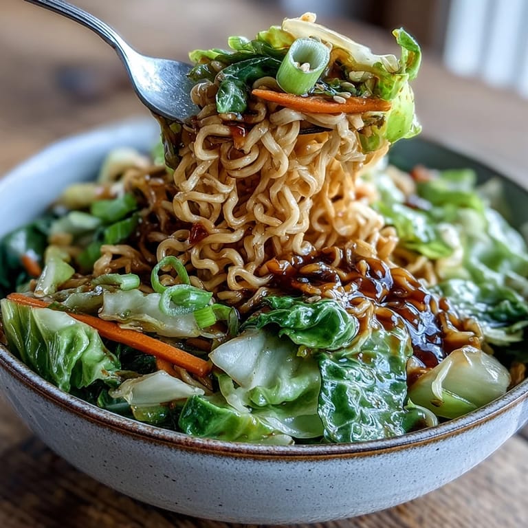 Close-up of Fried Cabbage Ramen showing tender cabbage, julienned carrots, and noodles coated in sesame sauce.