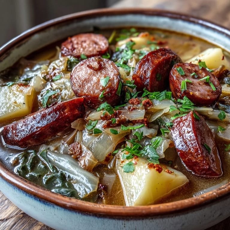 Rustic Sausage, Potato and Cabbage Soup simmering in a pot with carrots, celery, and herbs, ready to serve with crusty bread.