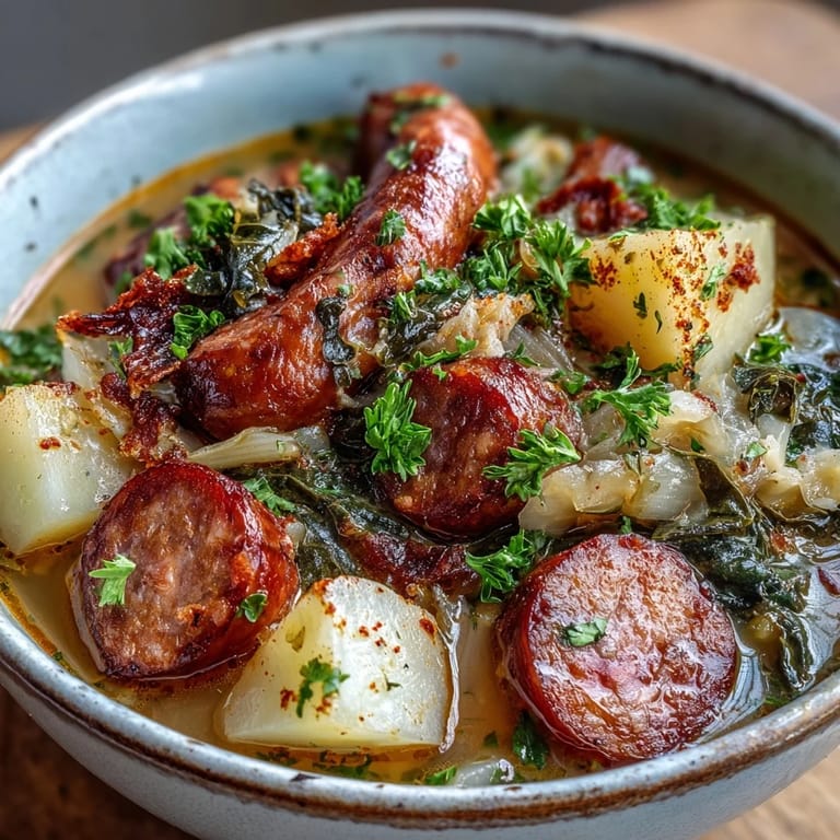 Hearty Sausage, Potato and Cabbage Soup garnished with fresh parsley and a dollop of sour cream, perfect for a cozy dinner.