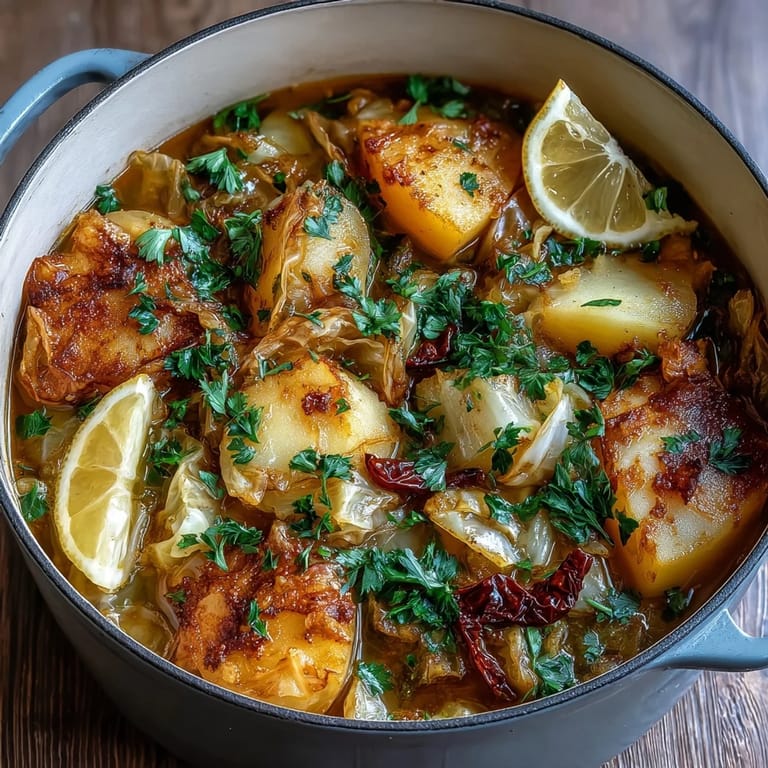 Soft potatoes and buttery cabbage meld in the pot, flecked with red chili for gentle warmth.