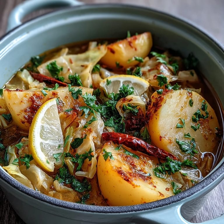Served hot in a white bowl with fresh parsley and lemon wedges, ready to enjoy.
