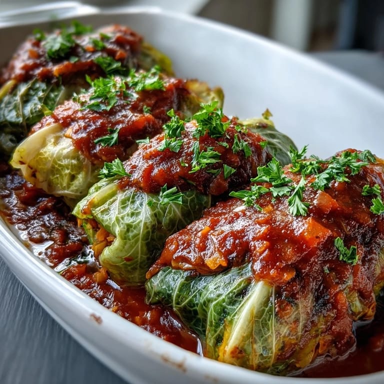 Close-up of tender Vegan Cabbage Rolls filled with lentils and rice, smothered in aromatic tomato sauce in a baking dish.