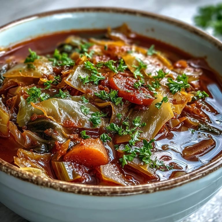 A rustic spoon scoops into a warm bowl of Classic Cabbage Soup, revealing colorful vegetables in tomato broth.