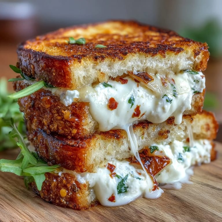 Crusty Goat Cheese Grilled Cheese with Honey & Chili Flakes, drizzled with honey and chili flakes.