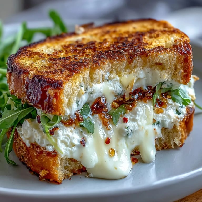 Close-up of Goat Cheese Grilled Cheese with Honey & Chili Flakes, with melted cheese and herbs.