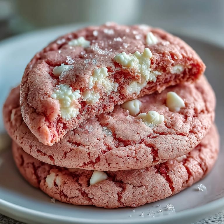 A single Pink Velvet Cookie broken in half, revealing its soft, chewy pink interior and melted white chocolate.