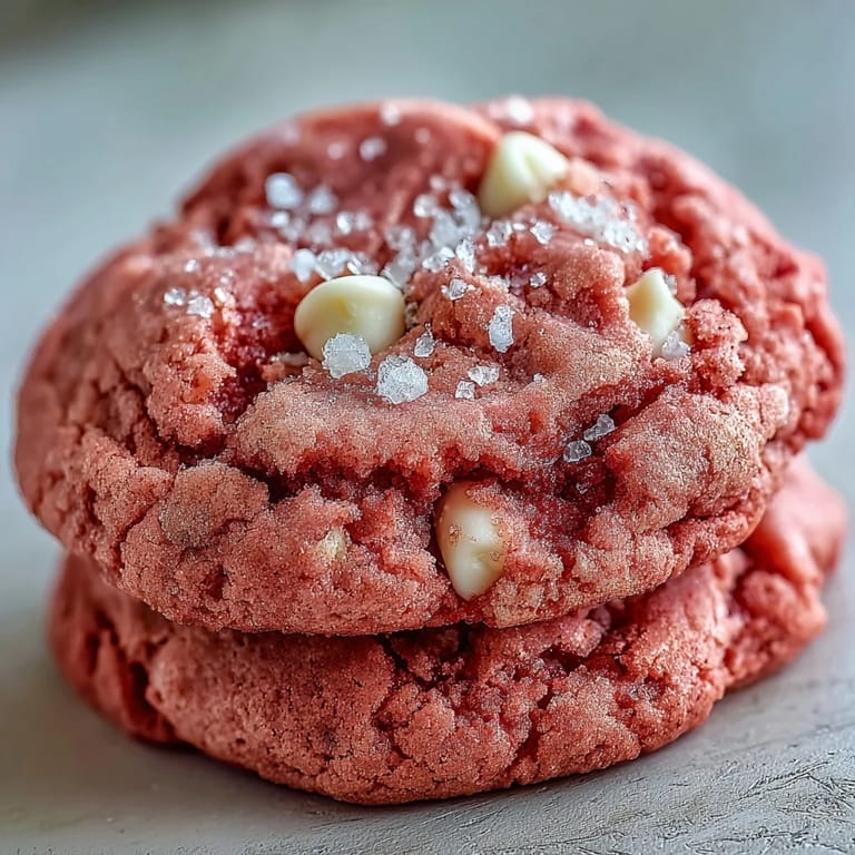 Close-up of Pink Velvet Cookie dough balls studded with white chocolate chips on a baking sheet.