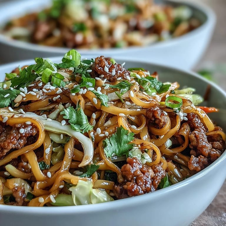 Overhead shot of Potsticker Noodle Bowls featuring rice noodles tossed in savory sauce with a squeeze of lime.