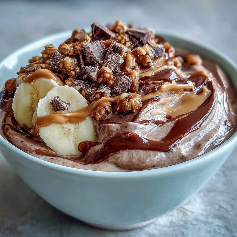 Vibrant bowl of Chocolate Peanut Butter Smoothie, featuring cocoa, banana slices, and chopped dark chocolate, creating a decadent yet healthy morning treat.