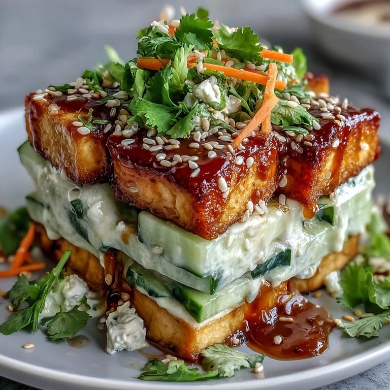 A close-up view of the creamy Asian cucumber salad featuring crispy tofu, fresh herbs, and toasted sesame seeds for garnish.