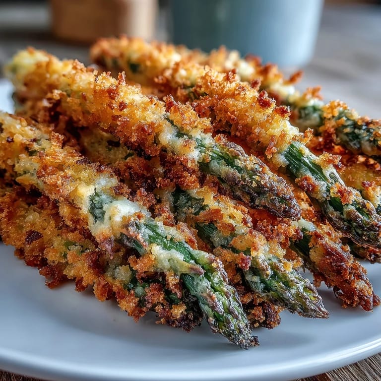 A close-up of Crispy Asparagus Asiago Spears showcasing their crunchy panko and Asiago crust over tender green spears.  