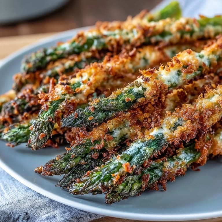 These vegetarian Crispy Asparagus Asiago Spears are piled high, ready to be dipped in a creamy garlic aioli.