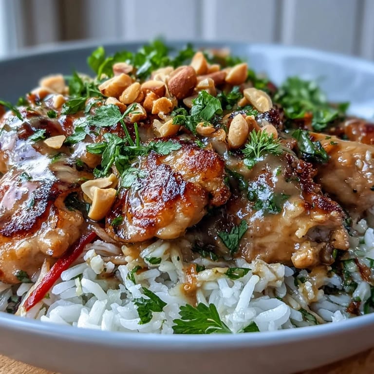 Sizzling Thai Peanut Chicken Bowl garnished with cilantro and peanuts, served with lime wedges.