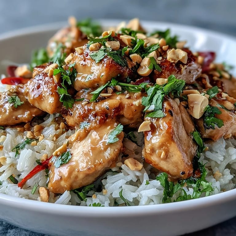 Fluffy coconut rice topped with spicy peanut chicken, fresh cucumber, carrots, and green onions.