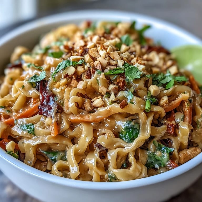 A close-up of Asian Peanut Noodle Bowl with creamy peanut dressing coating rice noodles and crunchy bean sprouts.