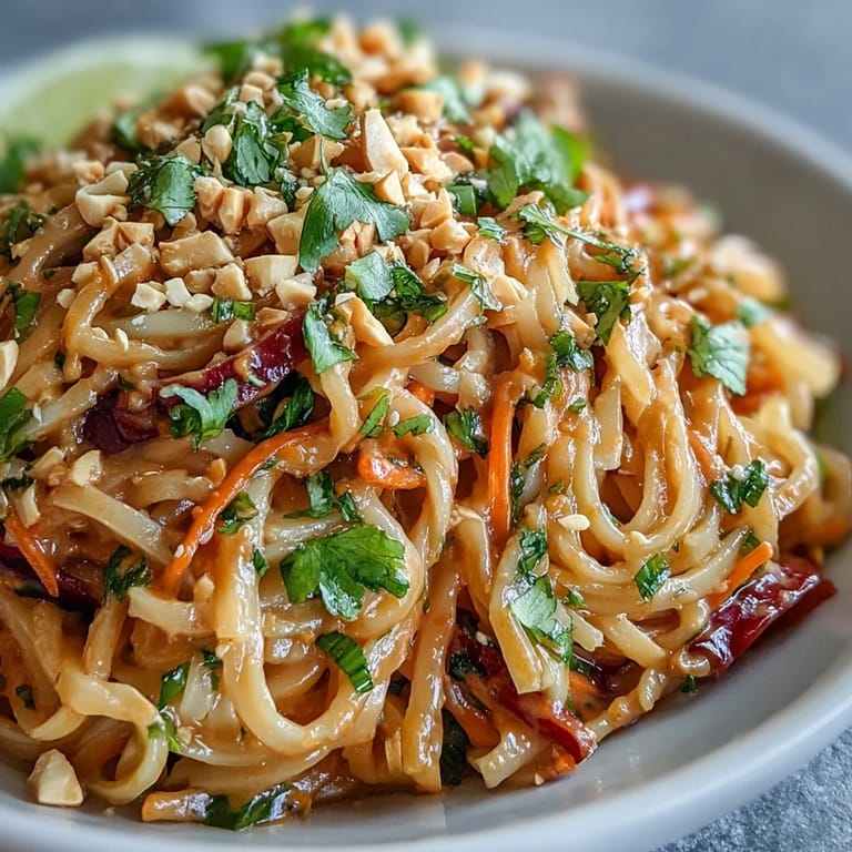 Asian Peanut Noodle Bowl tossed with colorful vegetables like red cabbage and bell peppers, served with lime wedges.