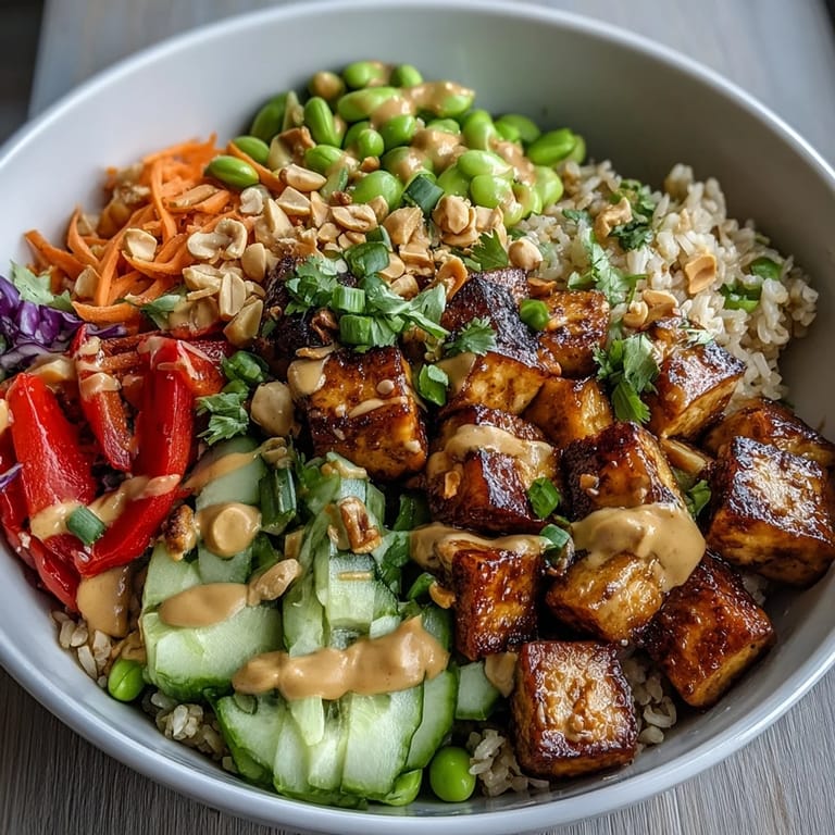 A fork lifts golden, oven-baked tofu from a warm Peanut Tofu Power Bowl drizzled with rich sauce.