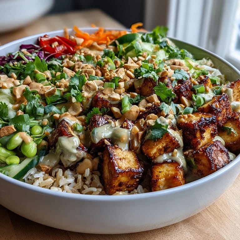 Sliced red bell pepper, shredded purple cabbage, and bright edamame garnish this nourishing Peanut Tofu Power Bowl.