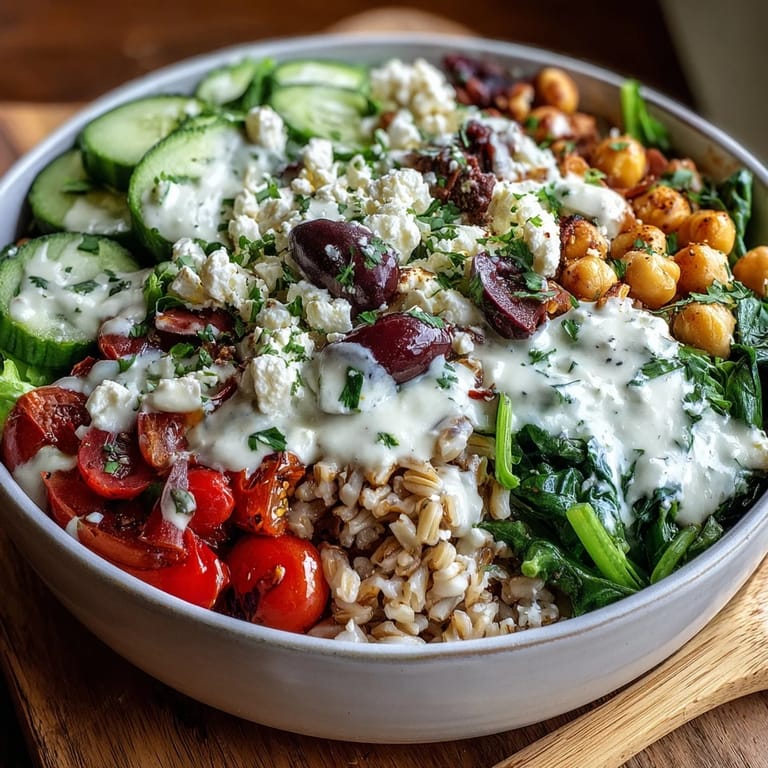 Ready-to-serve Mediterranean Farro Bowl with spinach, olives, and tomatoes, perfect for a healthy vegetarian dinner or meal prep.