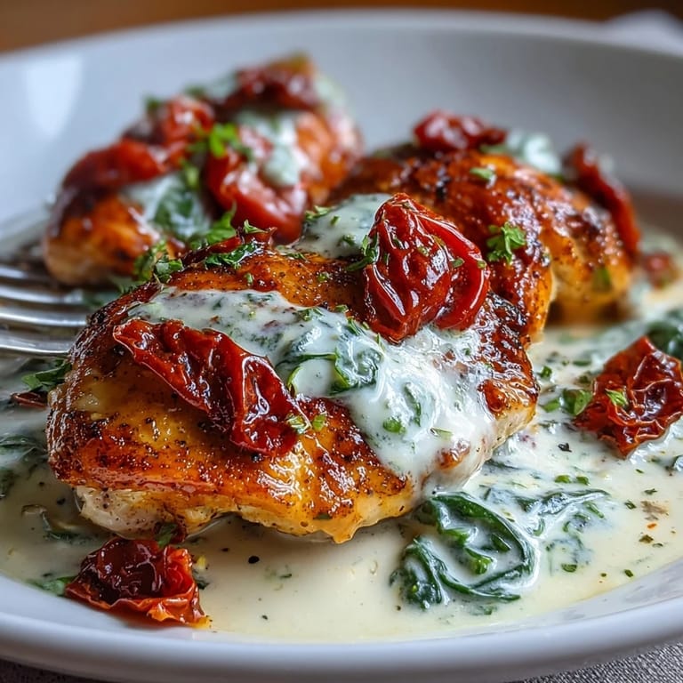 Comforting Creamy Tuscan Chicken Skillet, a weeknight favorite with juicy chicken in a creamy garlic sauce, perfect for serving over pasta or rice.
