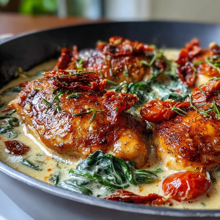 One-pan Creamy Tuscan Chicken Skillet featuring tender chicken breasts simmered in a luscious Parmesan cream sauce with fresh spinach and tomatoes.  