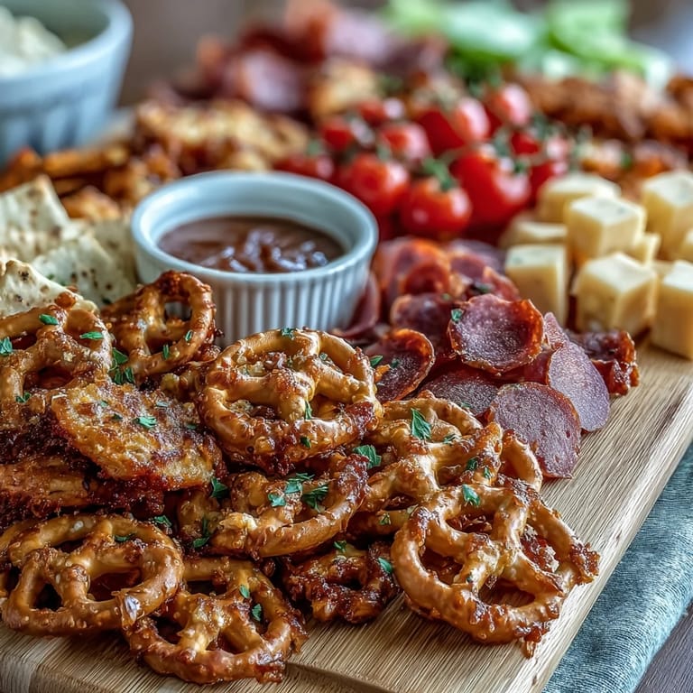 Game Day Baseball Snack Board with Pretzels and Dips, showcasing a festive spread of pretzels, cheeses, and crunchy veggies perfect for the big game.